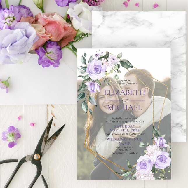 Gold Geometric Lilac Floral Vellum Overlay Photo Invitation (Creator Uploaded)
