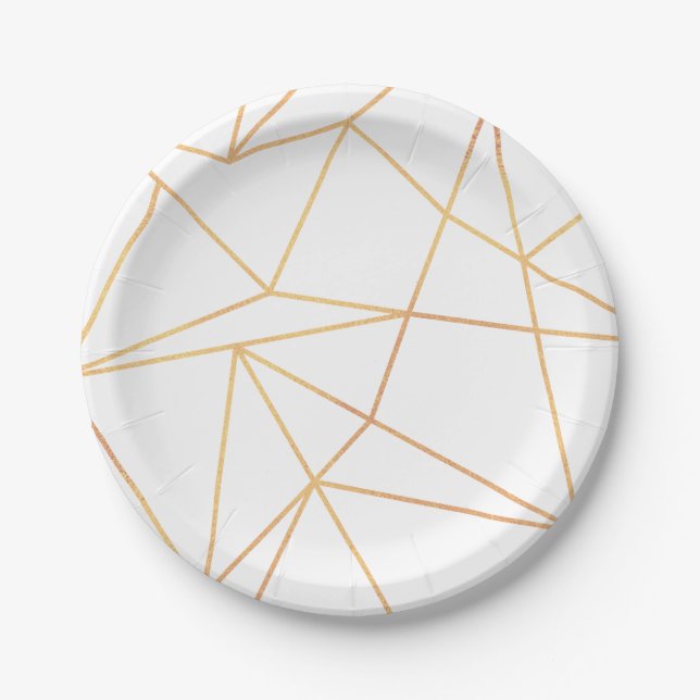 Gold Geometric Line Pattern White Paper Plates (Front)