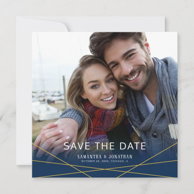 Gold Geometric Lines | Square Photo Save the Date (Front)