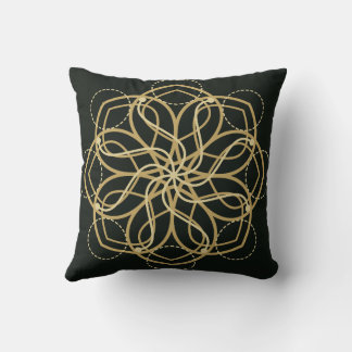Gold Geometric Mandala Art Print – Dark Green Art Throw Pillow