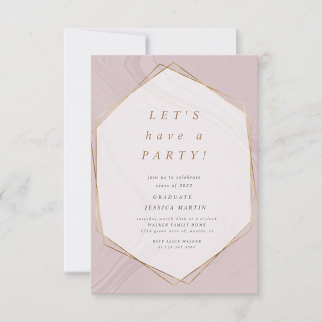 gold geometric marble photo graduation party invit invitation (Front)
