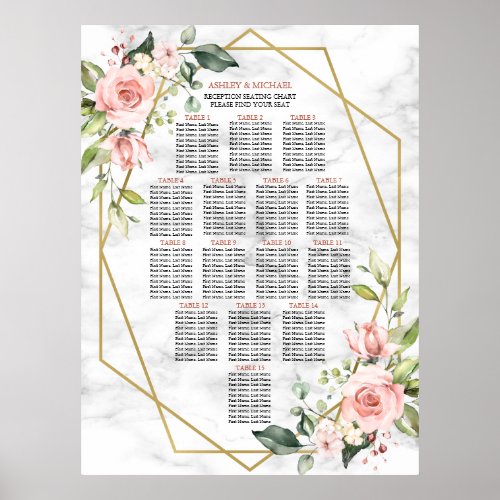 Gold Geometric Marble Pink Floral Seating Poster