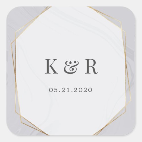gold geometric marble wedding monogram square sticker