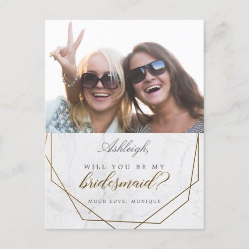 Gold Geometric Marble Will You Be My Bridesmaid Invitation Postcard