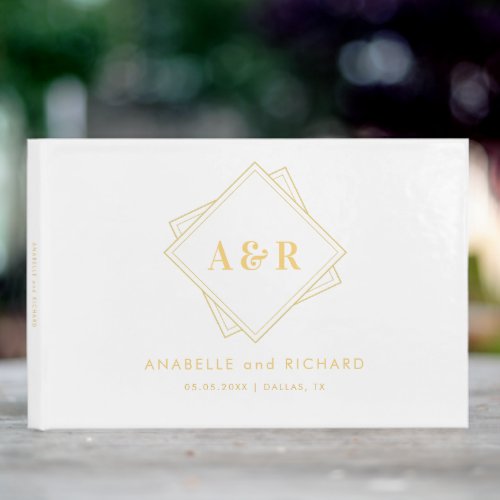 Gold Geometric Monogram Minimalist White Wedding Guest Book