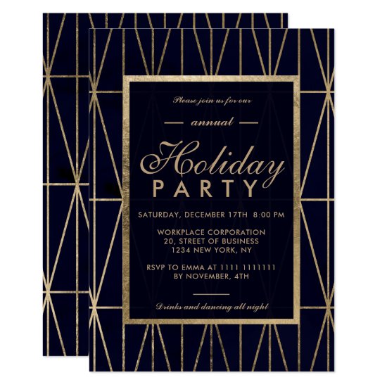 Gold geometric navy blue winter corporate holiday invitation