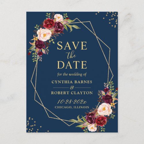 Gold Geometric Navy Burgundy Floral Save the Date Postcard - Burgundy Blush Floral Gold Geometric Navy Blue Save the Date Postcard