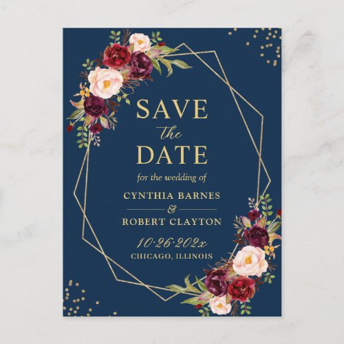 Gold Geometric Navy Burgundy Floral Save the Date Postcard
