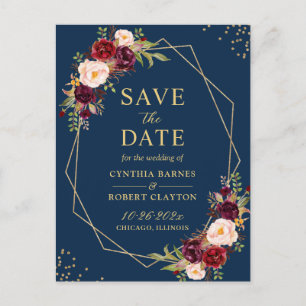 Gold Geometric Navy Burgundy Floral Save the Date Postcard