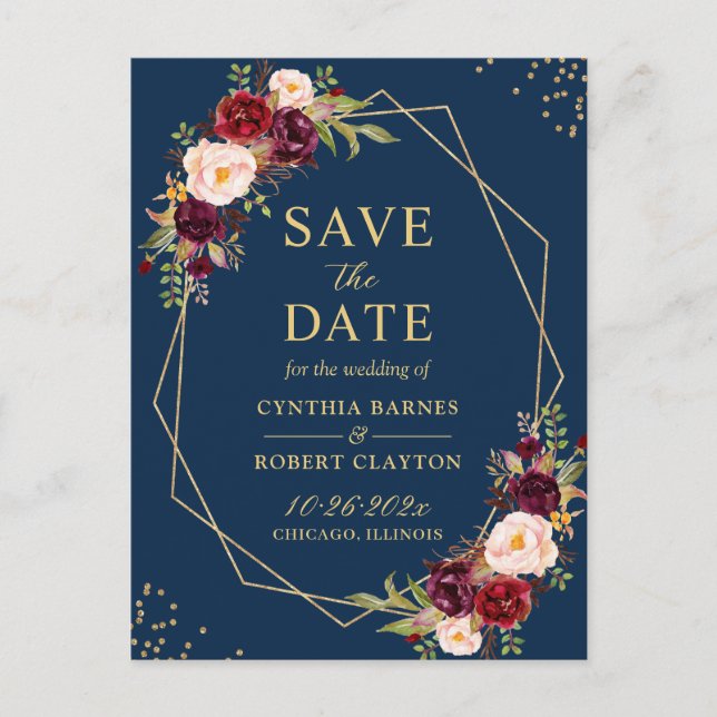 Gold Geometric Navy Burgundy Floral Save the Date Postcard (Front)