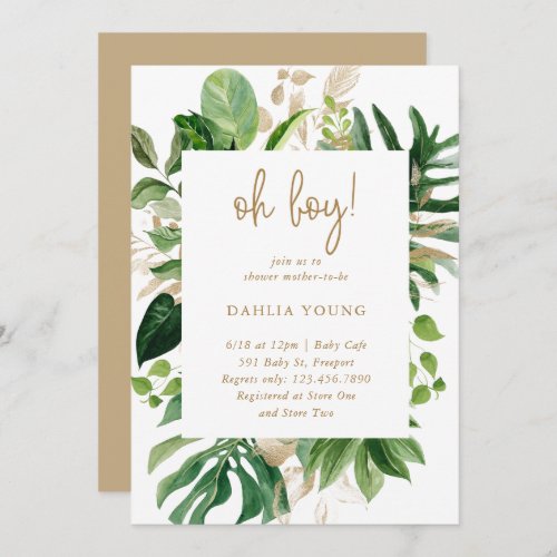 Gold Geometric Oh Boy Tropical Baby Shower Invitation