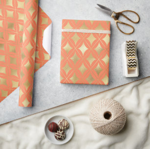 Gold Geometric Pattern Custom Peach Background Wrapping Paper