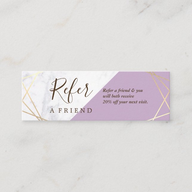 Gold Geometric Pattern Marble Lavender Referral Mini Business Card (Front)