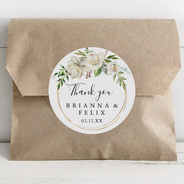 Gold Geometric Peony Thank You Wedding Favor Classic Round Sticker (Creator Uploaded)