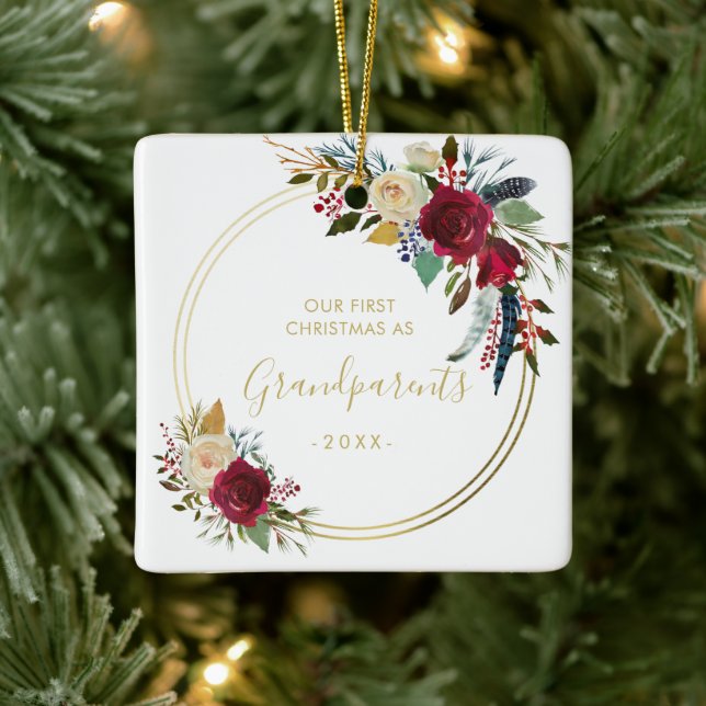 Gold Geometric Photo Grandparents First Christmas Ceramic Ornament (Tree)