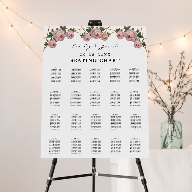 Gold Geometric Pink Floral Wed 200 Seating Chart Foam Board (In Situ (Stand))