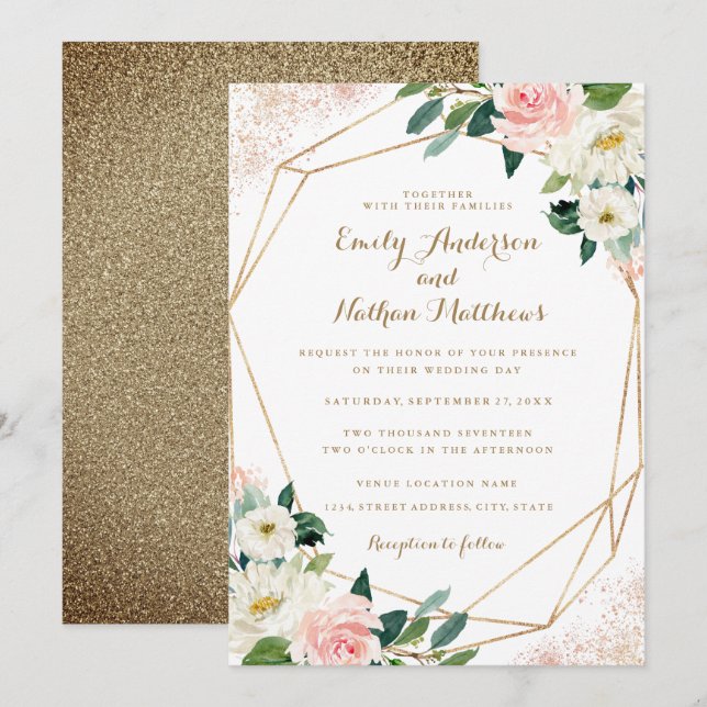 Gold Geometric Pink Floral Wedding Invitation (Front/Back)