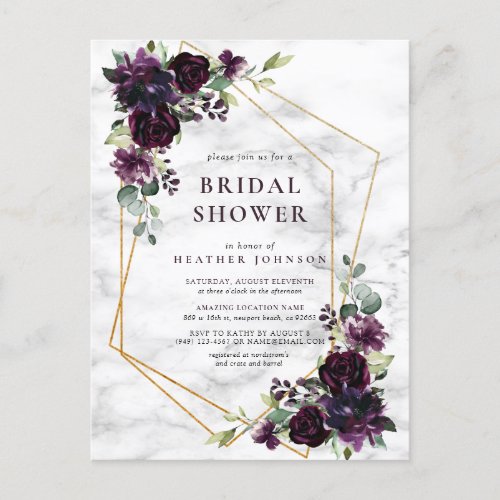 Gold Geometric Plum Purple Floral Bridal Shower Announcement Postcard