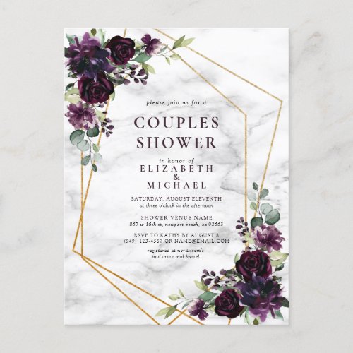 Gold Geometric Plum Purple Marble Couples Shower Announcement Postcard