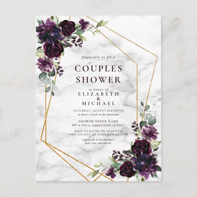 Gold Geometric Plum Purple Marble Couples Shower Announcement Postcard (Front)