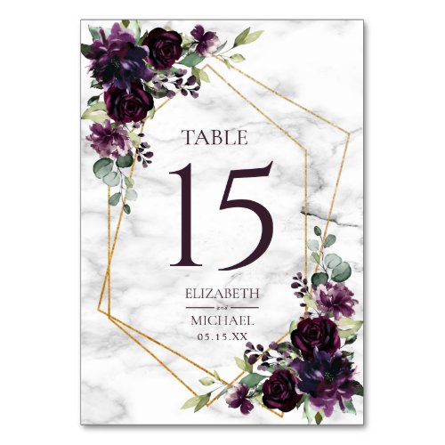 Gold Geometric Plum Purple Marble Elegant Wedding Table Number