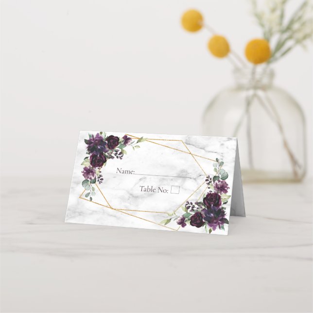 Gold Geometric Plum Purple Marble Floral Place Card (Front)