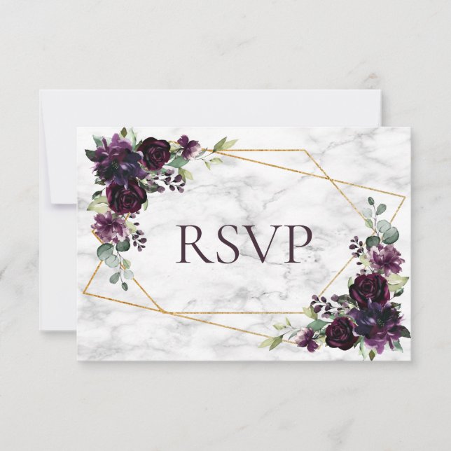 Gold Geometric Plum Purple Marble Wedding RSVP (Front)