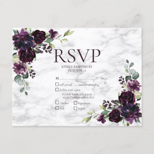 Gold Geometric Plum Purple Marble Wedding RSVP Invitation Postcard