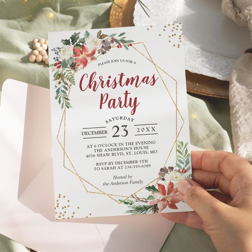 Gold Geometric Poinsettia Floral Christmas Party Invitation