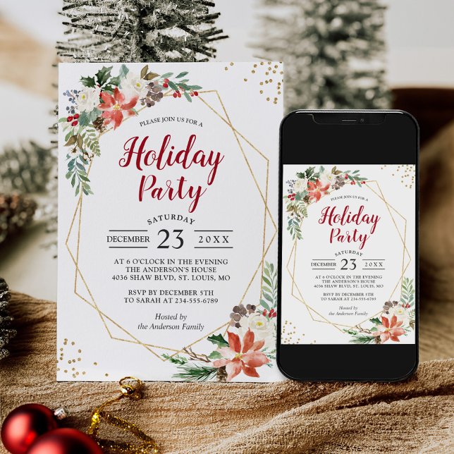 Gold Geometric Poinsettia Floral Holiday Party Invitation (With digital download, you can share it with your friends and family on social media or via email.)