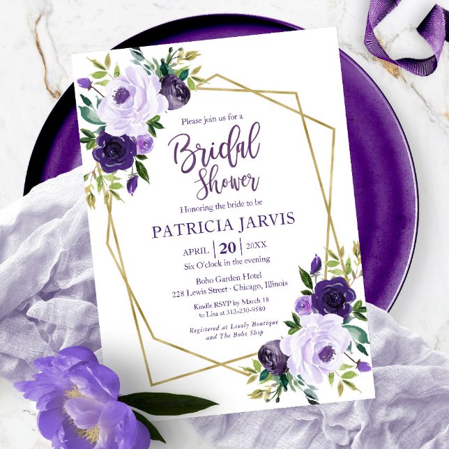 Gold Geometric Purple Floral Bridal Shower Invitation