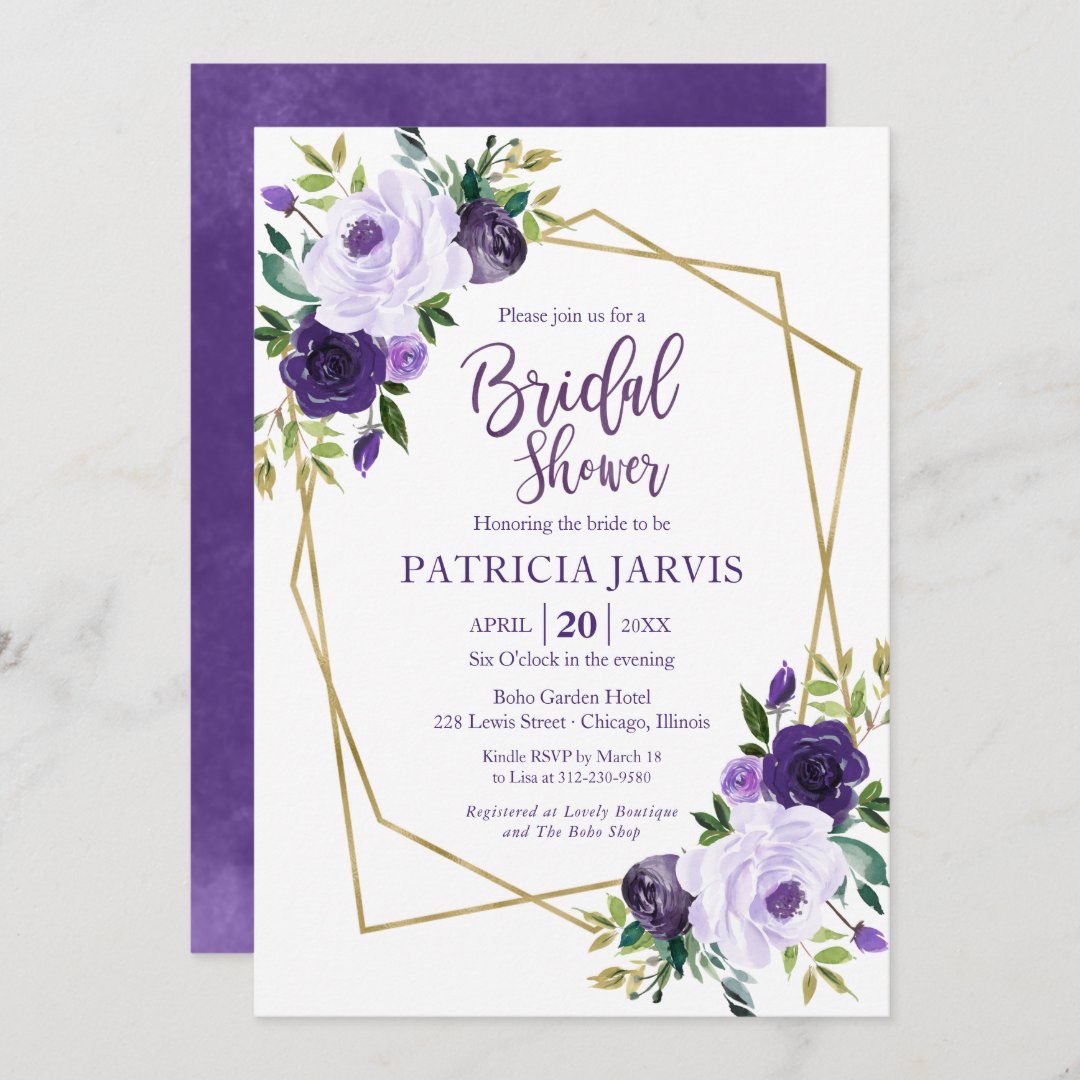 Gold Geometric Purple Floral Bridal Shower Invitation | Zazzle