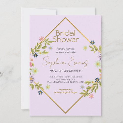 Gold Geometric Purple Floral Bridal Shower Invitation