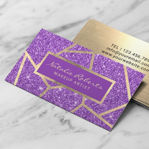 Gold Geometric Purple Glitter Beauty Salon Business Card
