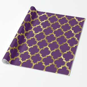 Gold Geometric Quatrefoil Pattern On Purple Wrapping Paper