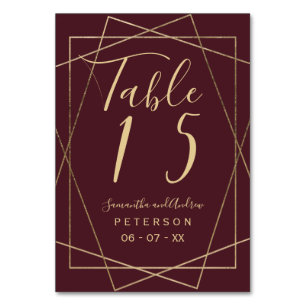 gold geometric red burgundy script wedding table number