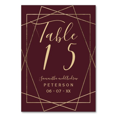 gold geometric red burgundy script wedding table table number