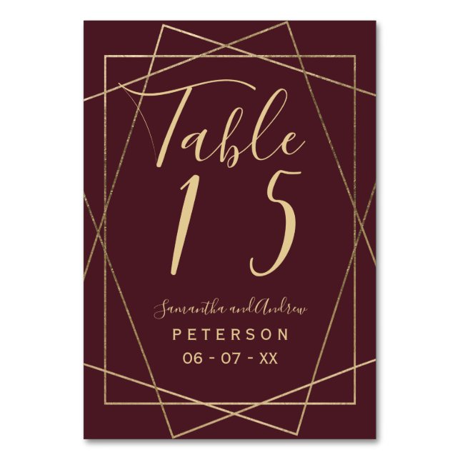 gold geometric red burgundy script wedding table table number (Front)