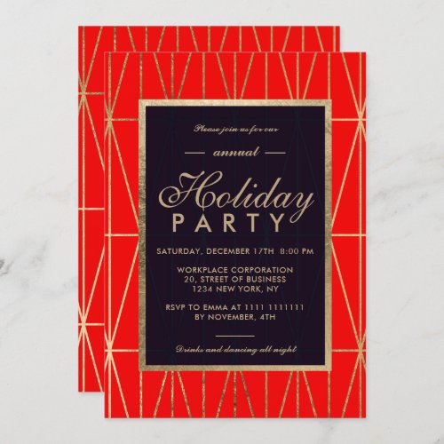 Gold geometric red winter corporate holiday invitation