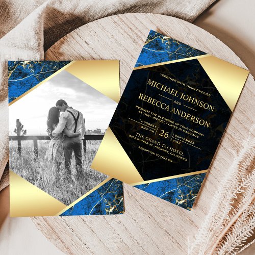Gold Geometric Royal Blue Marble Photo Wedding Invitation