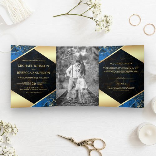 Gold Geometric Royal Blue Marble Photo Wedding Tri_Fold Invitation