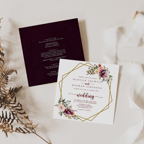 Gold Geometric Rustic Floral Front  Back Wedding  Invitation