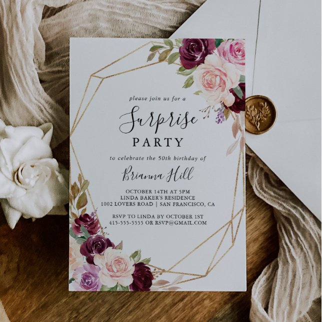 Gold Geometric Rustic Floral Surprise Party Invitation (Creator Uploaded)