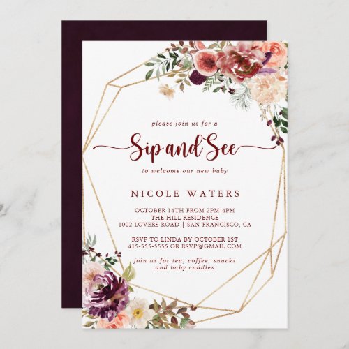 Gold Geometric Rustic Summer Floral Sip and See  Invitation