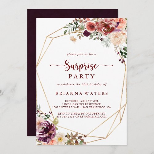 Gold Geometric Rustic Summer Floral Surprise Party Invitation