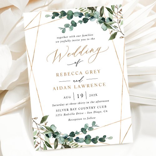 Gold Geometric Rustic Watercolor Greenery Wedding Invitation