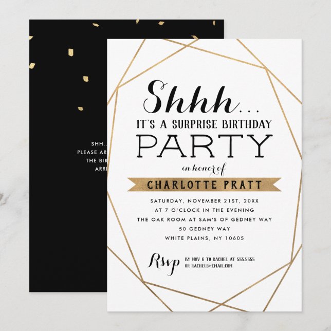 Gold Geometric Shh Surprise Birthday Party Invitation (Front/Back)