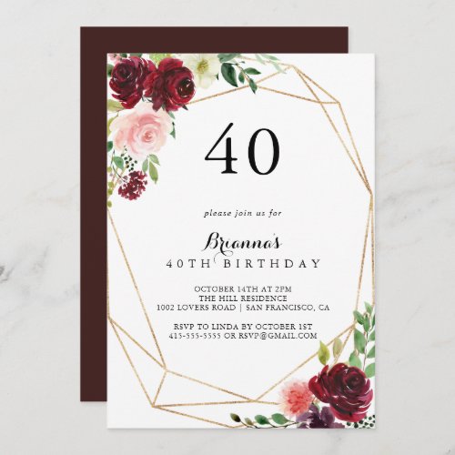 Gold Geometric Spring Floral 40th Birthday Party Invitation