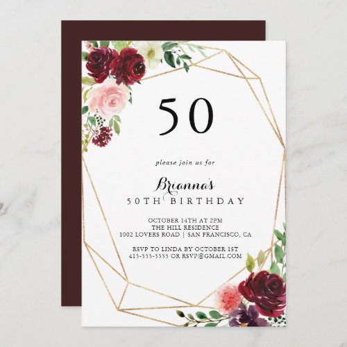 Gold Geometric Spring Floral 50th Birthday Party Invitation