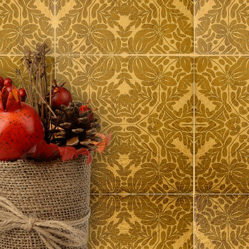 Gold Geometric Symmetrical Floral and Leaf Motifs Ceramic Tile